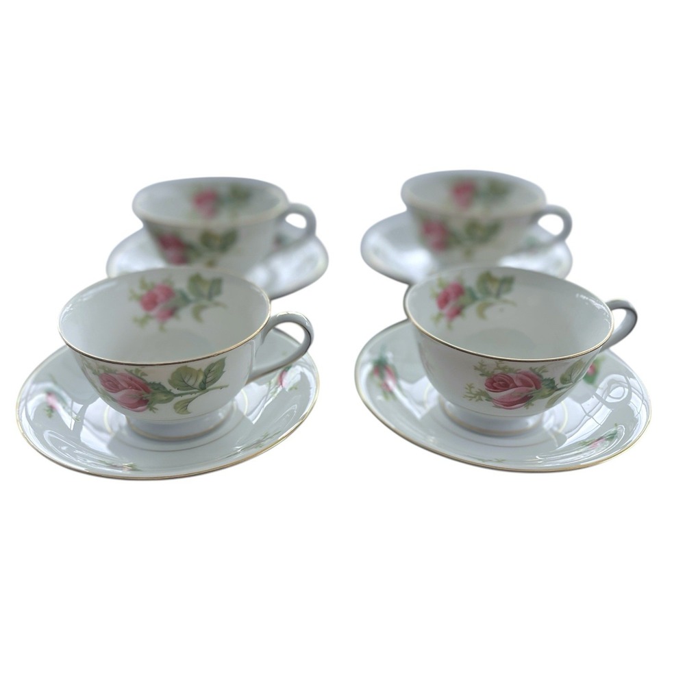 Vtg Kyoto Roseverte‎ Tea Cup Saucer Set 4 Pink Roses Gold Victorian Cottagecore